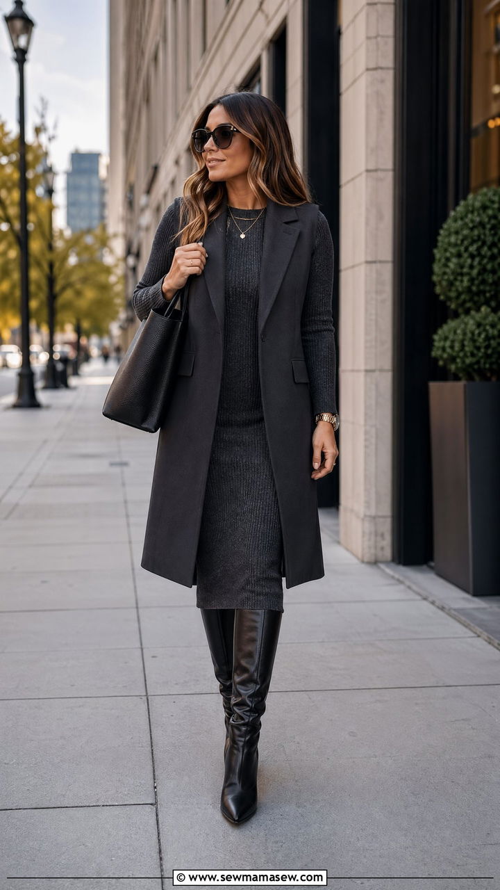 Knit Midi Dress With A Longline Vest And Knee High Boots - 35 work outfits for moms