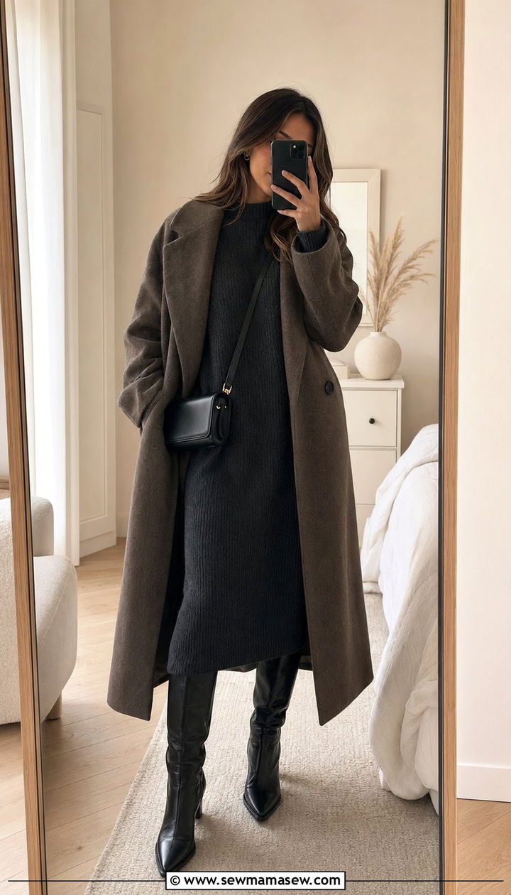 Knit Midi Dress With Leather Knee High Boots - 35 quiet luxury outfits