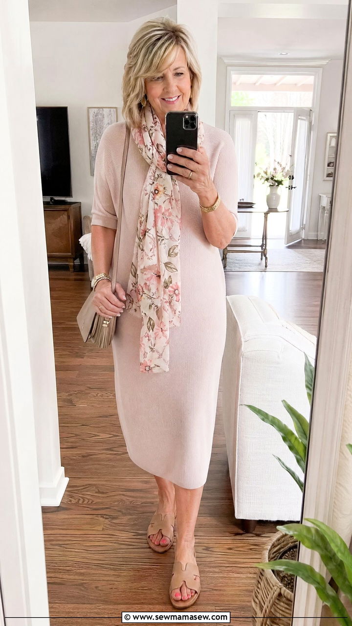 Knit Midi Dress with Lightweight Scarf - 35 spring outfit ideas for women over 50