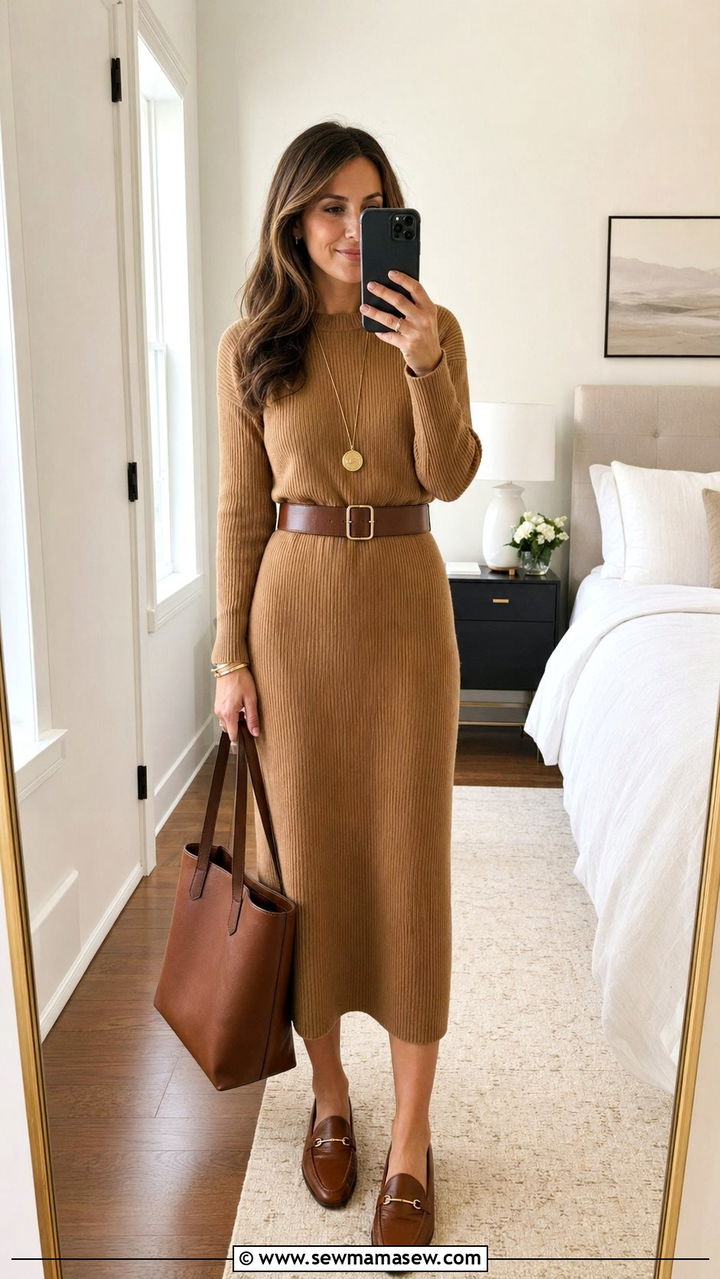 Knit Midi Dress with Loafers - 30 Work outfit ideas for casual Friday