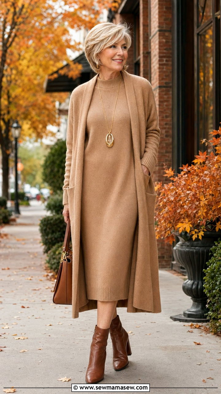 Knit Midi Dress with a Long Cardigan - 35 Petite outfit ideas for women over 50