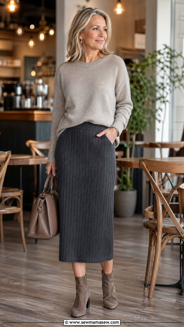 Knit Midi Skirt With A Cashmere Crewneck Outfit For Women Over 50 - 35 Casual outfits for women over 50