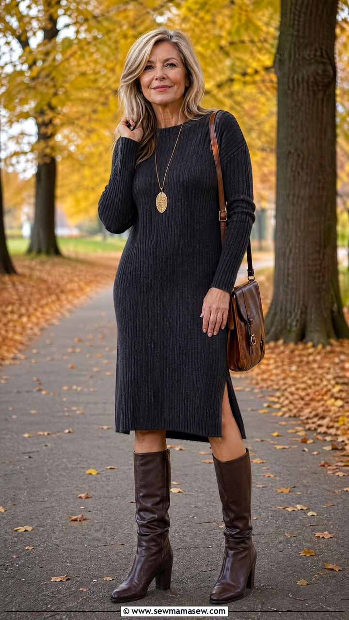Knit Midi Sweater Dress With Knee High Boots And A Pendant Necklace - 35 Classy outfits for women over 50