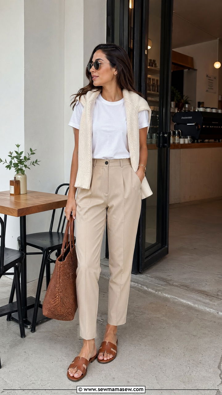 Knit Over Shoulders and Trousers - 35 spring minimalist outfit ideas