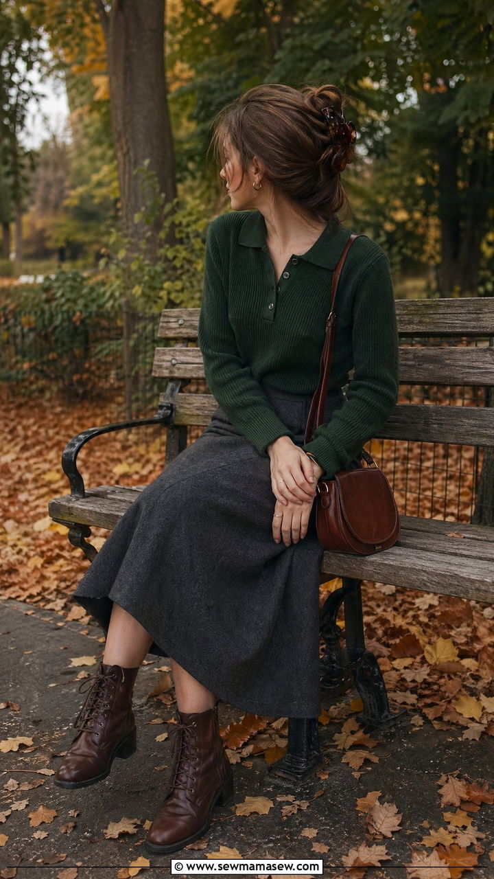 Knit Polo Sweater Outfit With Wool Skirt And Saddle Bag - 35 Dark academia outfit ideas