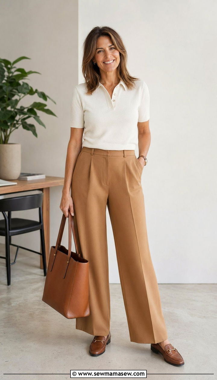 Knit Polo Top With Wide Leg Trousers Outfit - 35 Modest outfits for women over 40