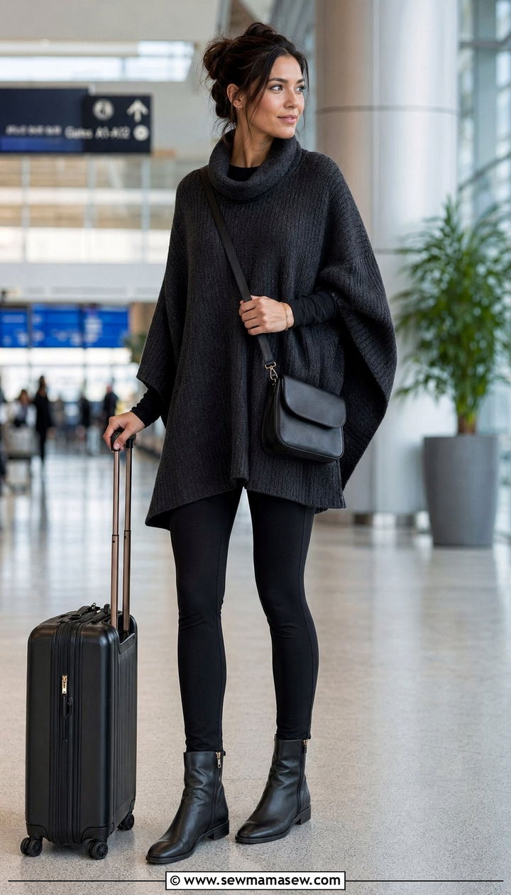 Knit Poncho With Leggings And Ankle Boots - 30 Airport outfits for international flights