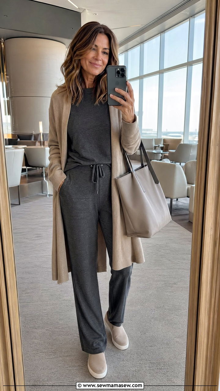 Knit Set with Pull On Trousers Long Flight Outfit - 35 Travel outfits for women over 40