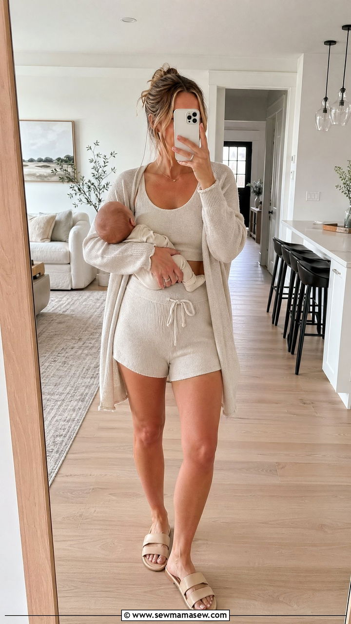 Knit Shorts Set with Lightweight Cardigan Outfit - 35 casual outfits for new moms