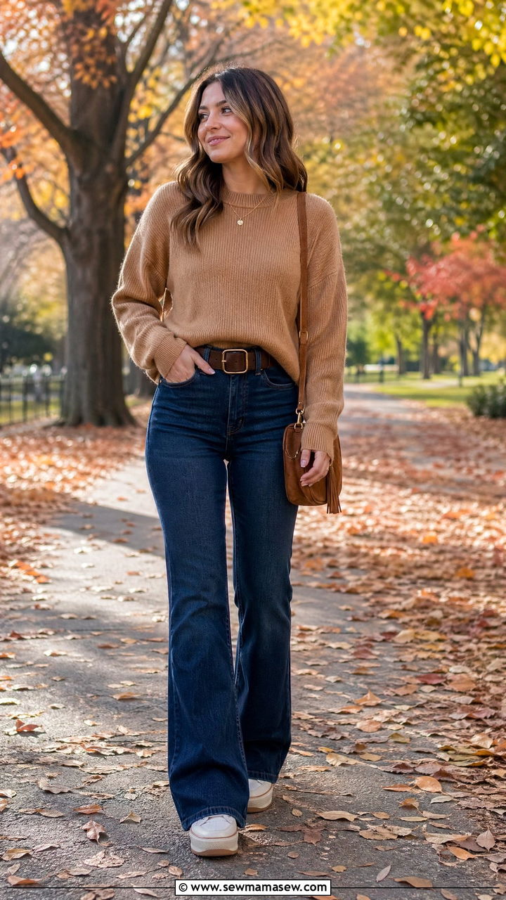 Knit Sweater And Flare Jeans Walking Outfit - 35 walking outfit ideas for women