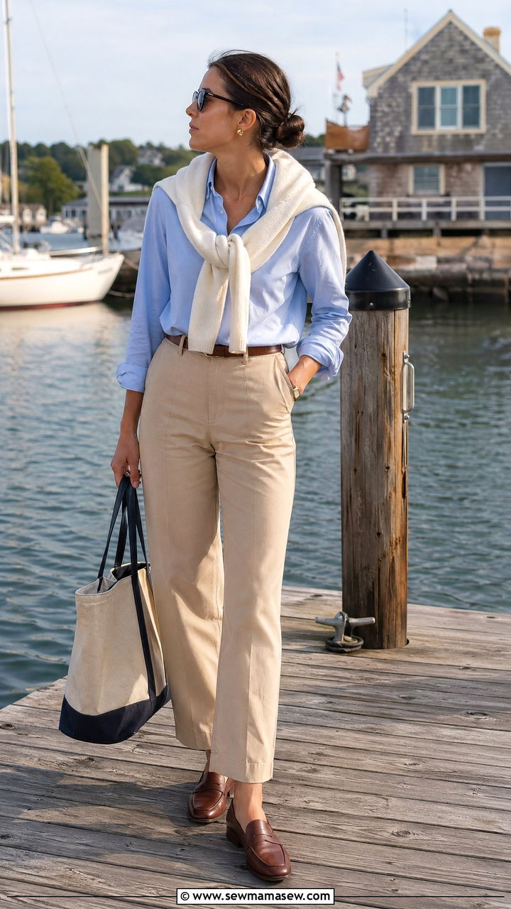 Knit Sweater Draped Over Shoulders With Button Down And Straight Pants - 35 spring old money outfits
