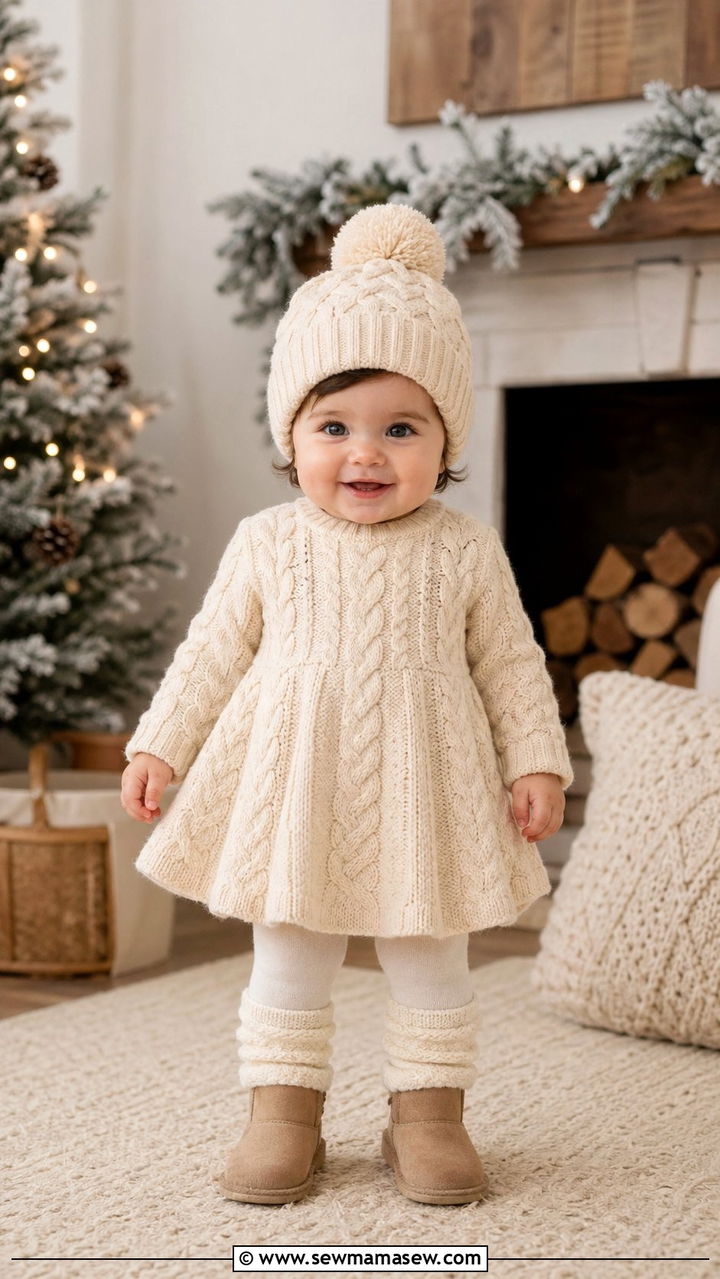 Knit Sweater Dress and Tights Outfit - 30 Baby girl outfit ideas