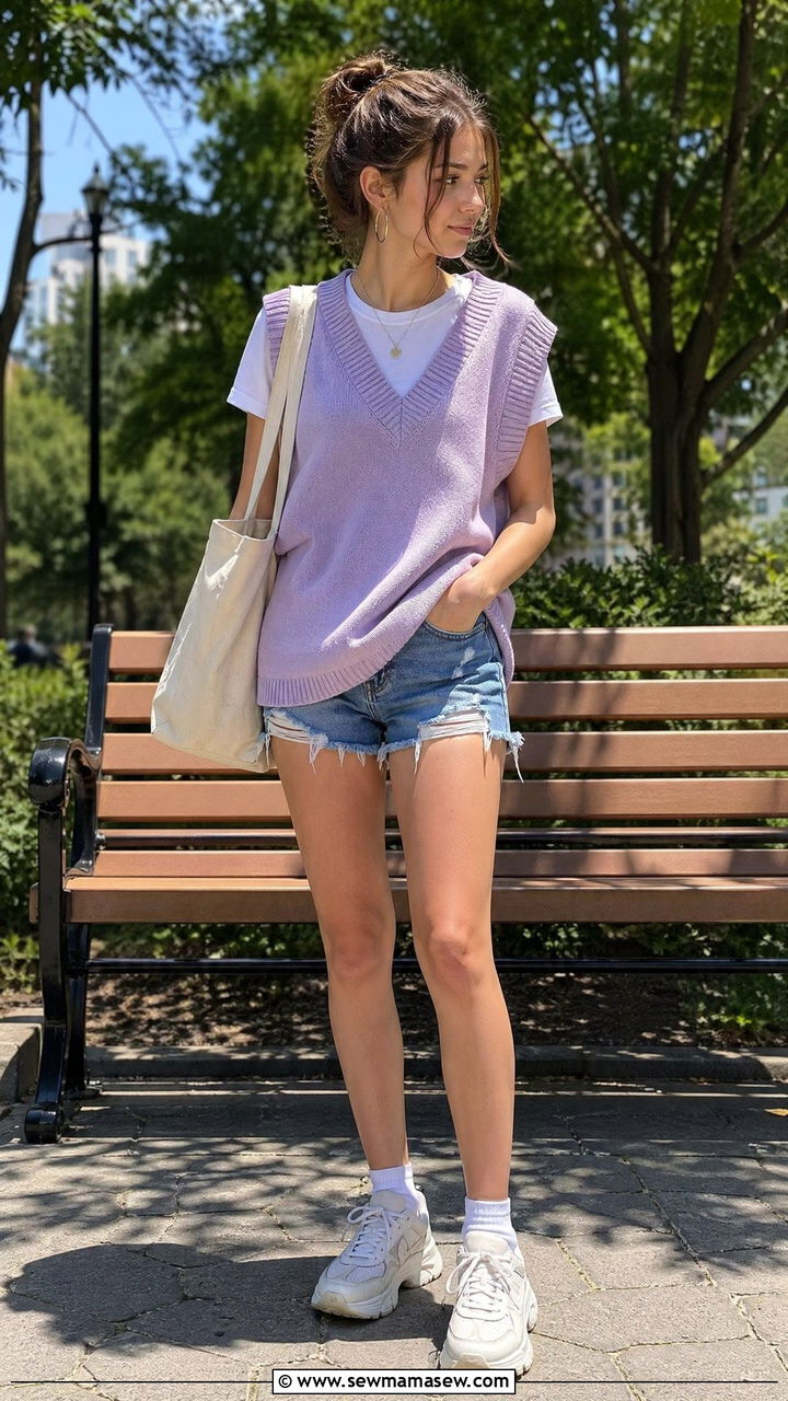 Knit Sweater Vest with Denim Shorts - 35 Summer outfits for teens