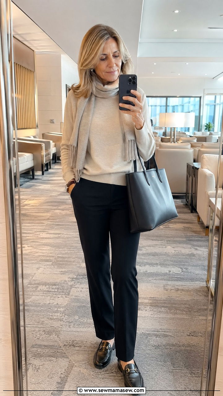 Knit Sweater and Stretch Trousers Airport Outfit - 35 Travel outfits for women over 40