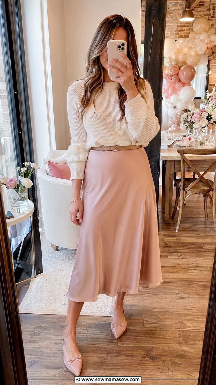 Knit Sweater with Midi Skirt Spring Baby Shower Outfit - 35 spring baby shower outfit ideas
