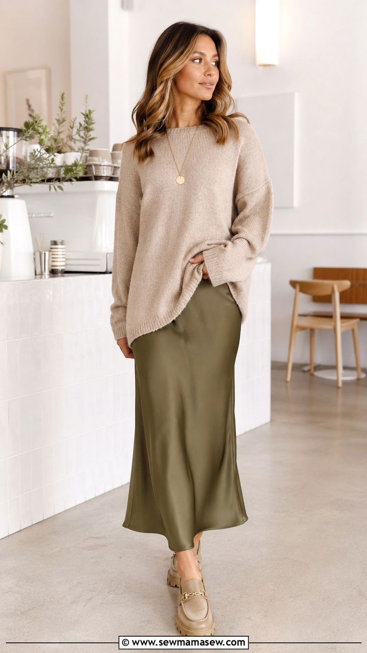 Knit Sweater with Slip Skirt and Chunky Loafers - 30 spring cool weather outfit ideas