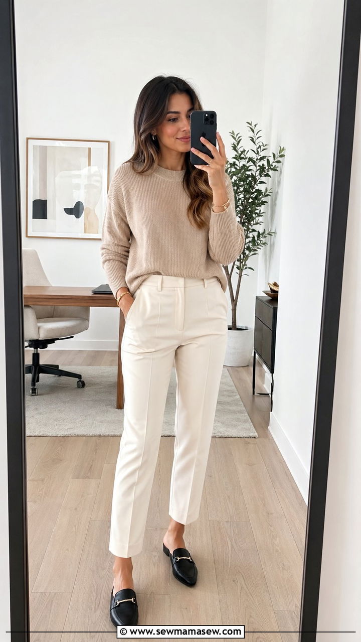 Knit Sweater with Tailored Pants and Mules - 30 windy day outfits for women