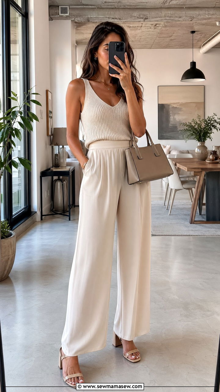 Knit Tank With Drapey Wide Leg Pants and Block Heel Sandals - 35 summer casual chic outfit ideas