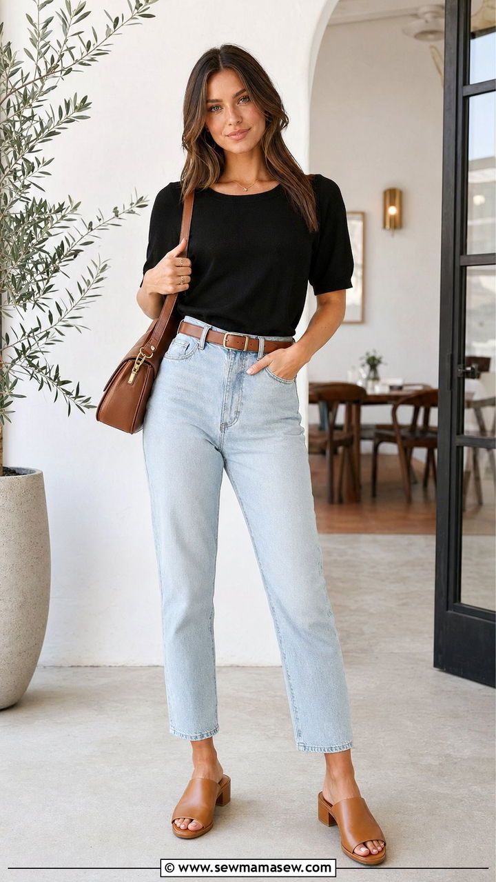 Knit Tee and Ankle Jeans with Mules Outfit - 35 mom outfit ideas