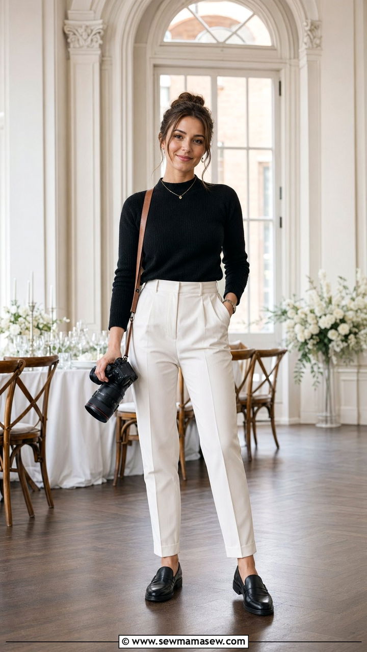 Knit Top With High Waist Tailored Trousers and Loafers - 30 Wedding photographer outfit ideas