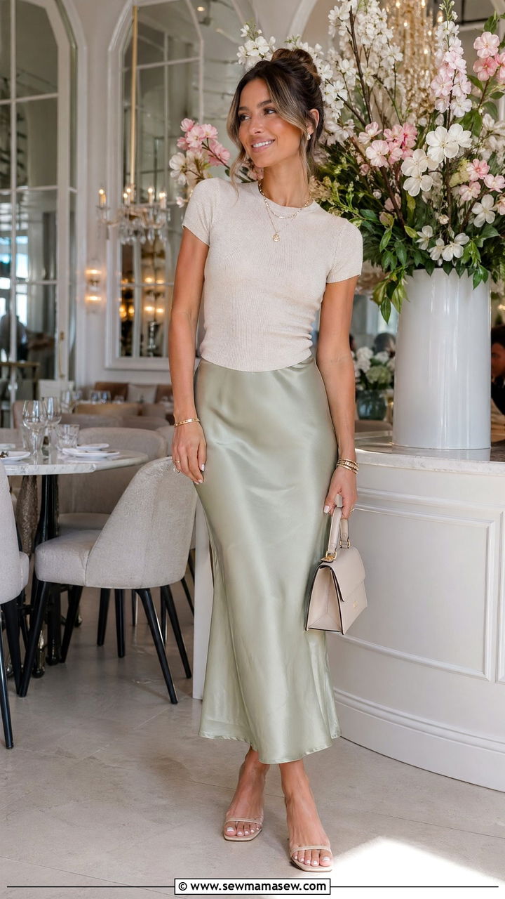 Knit Top With Slip Skirt And Heeled Sandals - 35 spring brunch outfit ideas