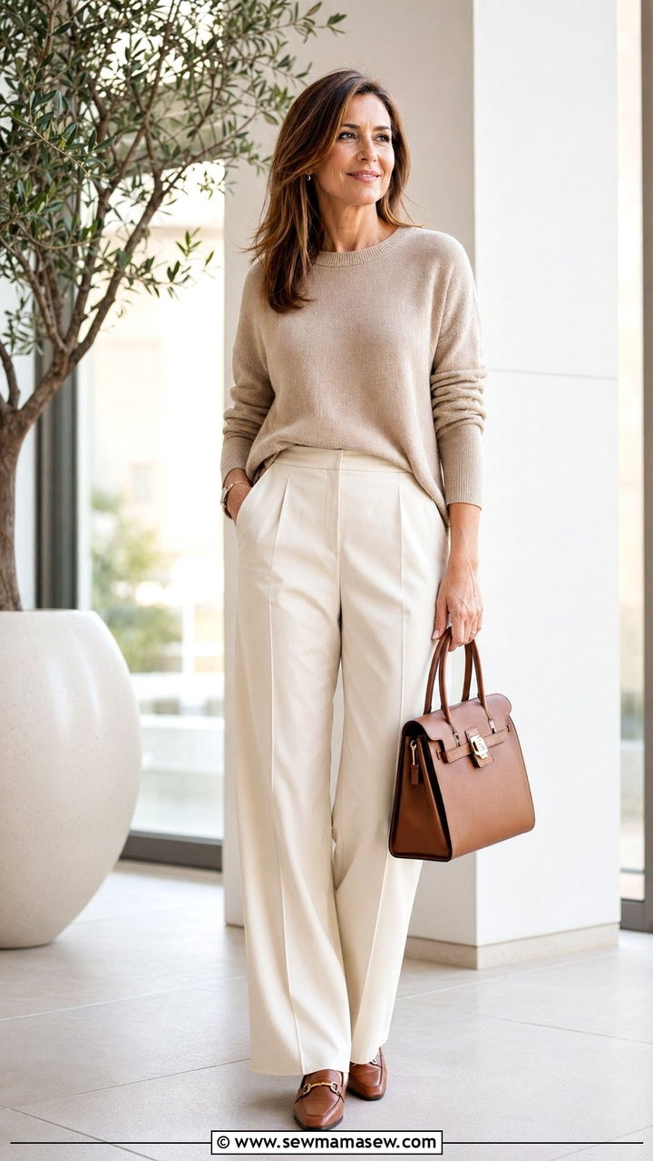 Knit Top With Wide Leg Work Pants Outfit - 35 Modest outfits for women over 40