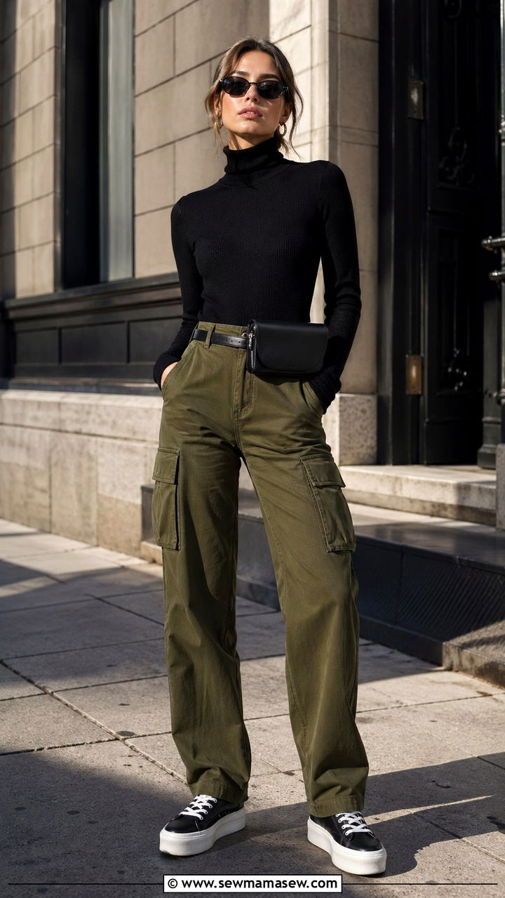 Knit Turtleneck and High Waisted Cargo Pants Spring Outfit - 30 Spring knit outfits