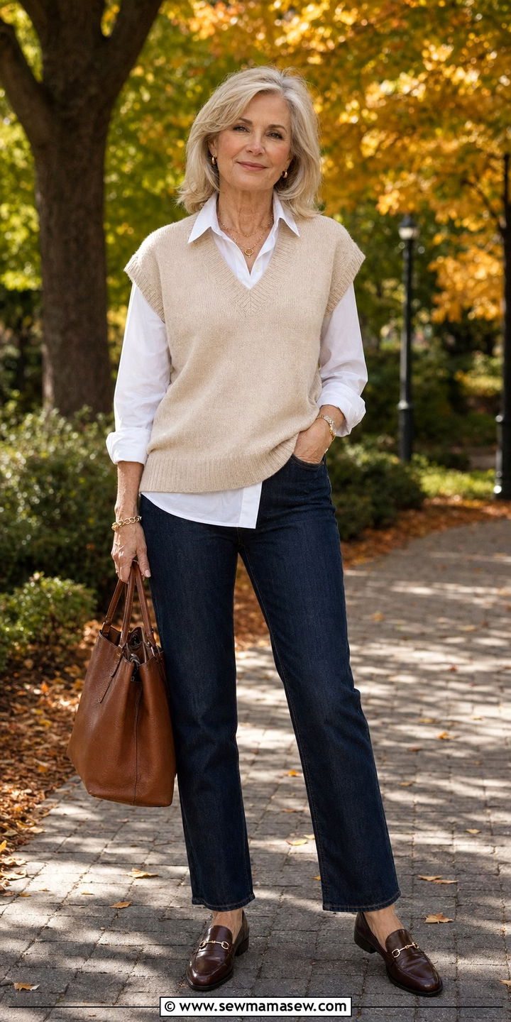 Knit Vest Layered Over Button Down Shirt and Jeans - 30 Aesthetic outfit ideas for women over 50