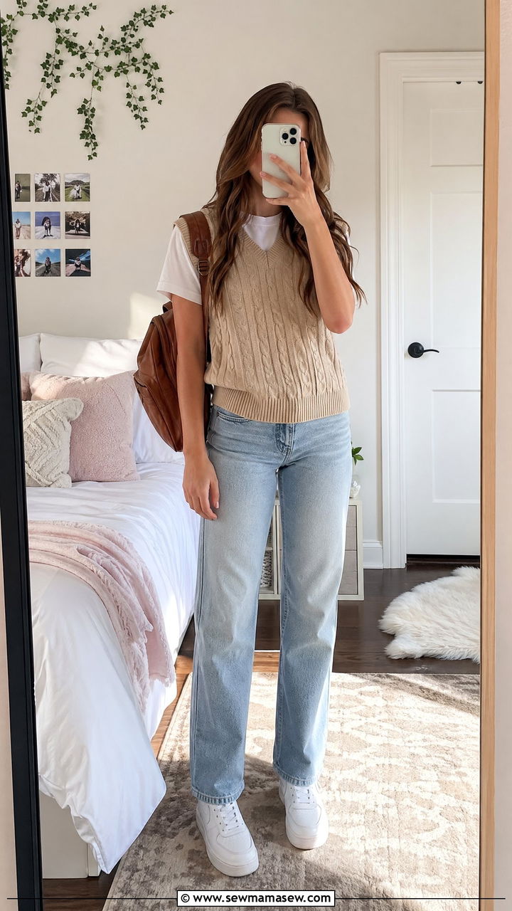 Knit Vest Layered Over Tee - 35 spring school outfit ideas