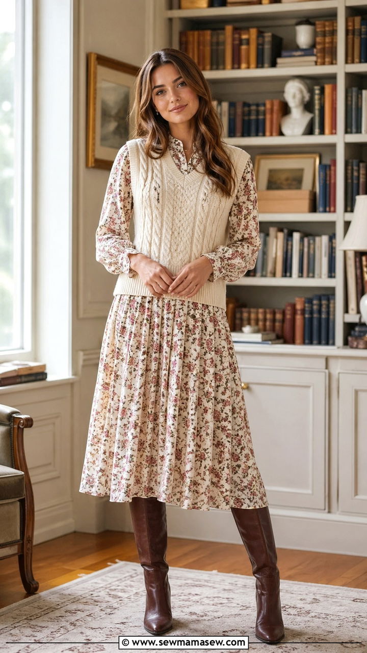 Knit Vest Over A Floral Dress - 30 spring cottagecore outfits