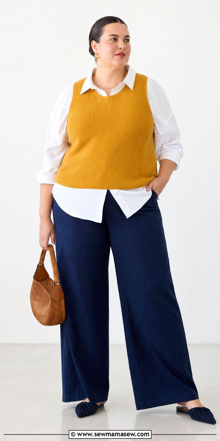 Knit Vest Over Button Down And Wide Leg Pants Summer Outfit - 35 Plus size outfit ideas size 20 summer