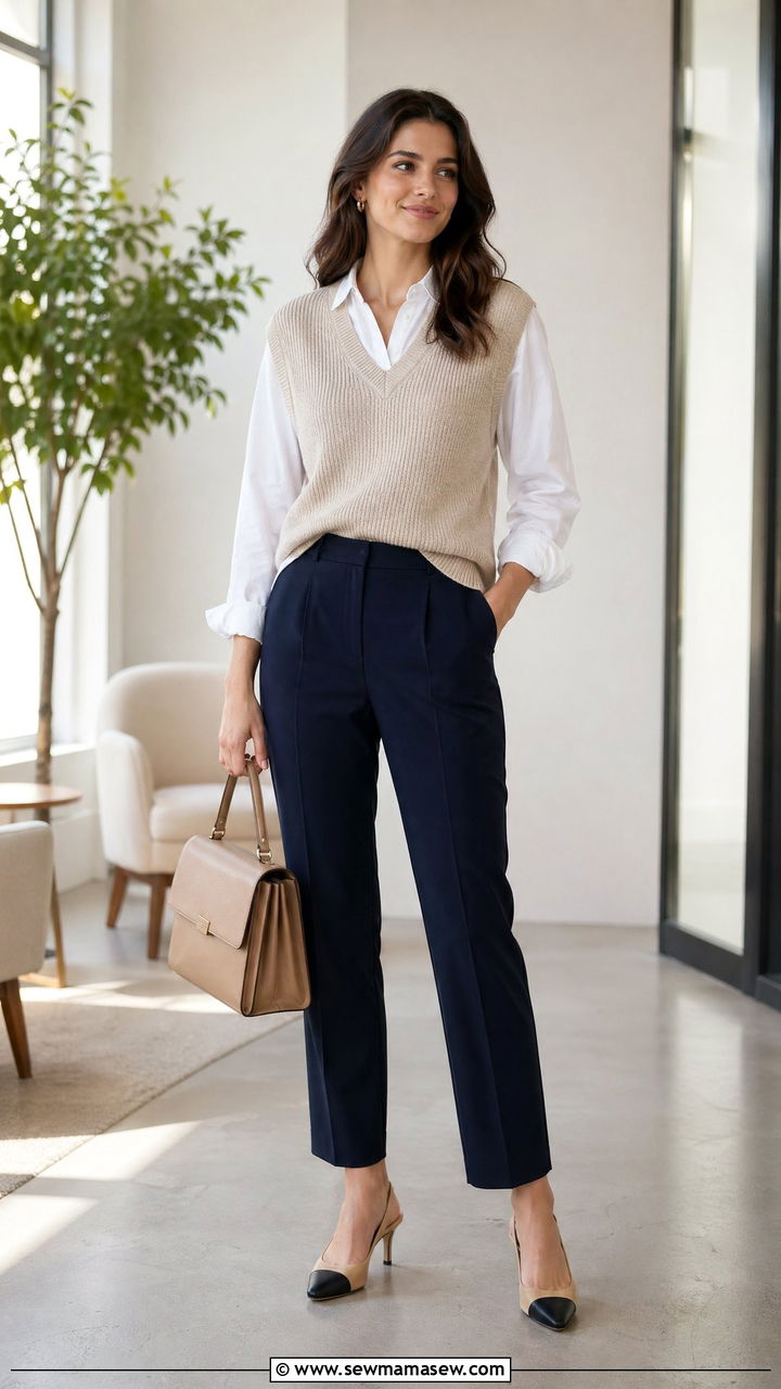 Knit Vest Over Button Up Shirt - 35 spring office casual outfit ideas
