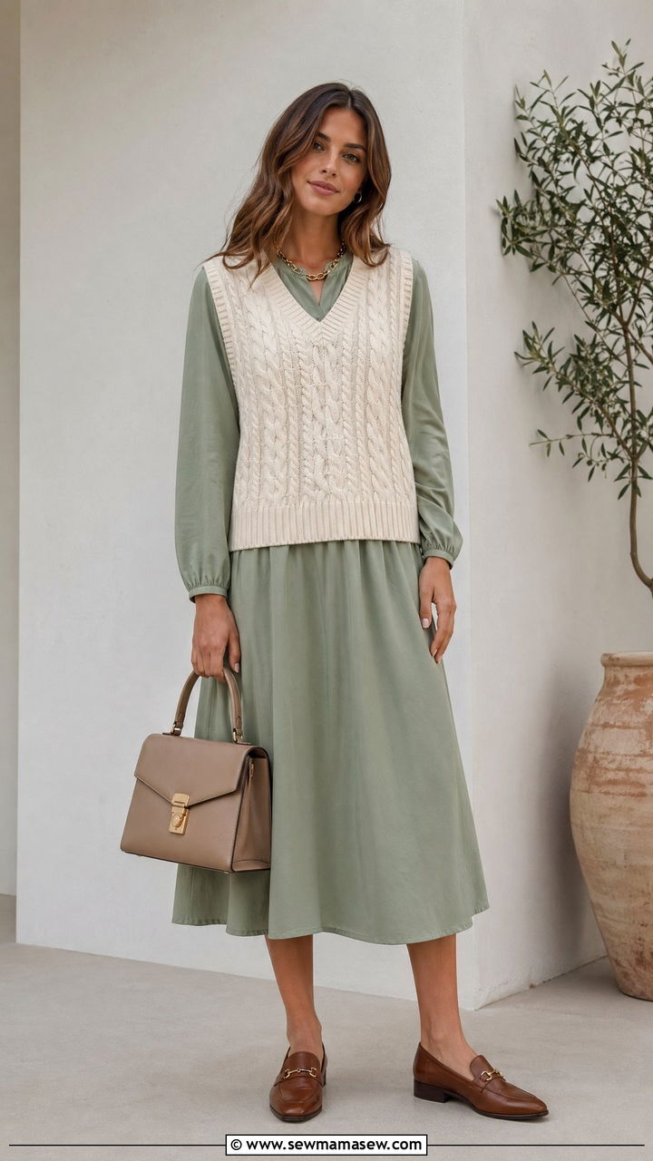 Knit Vest Over a Long Sleeve Cotton Dress - 35 Summer transition outfits for women