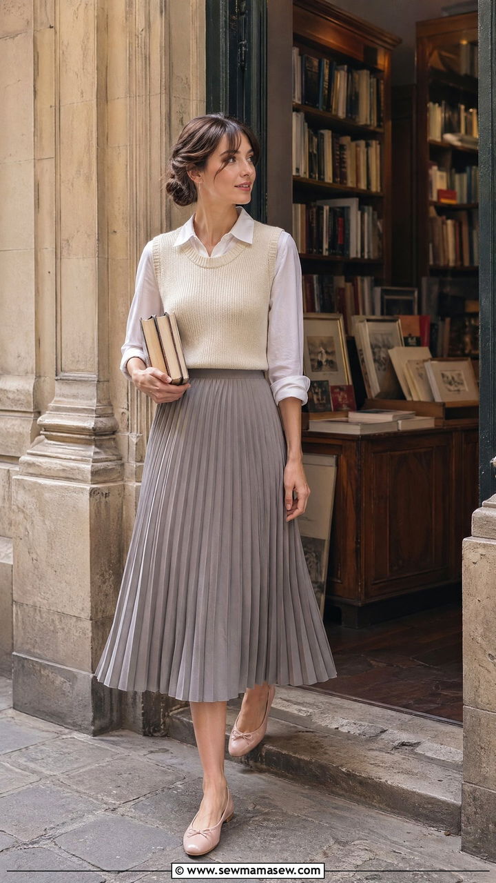 Knit Vest With Pleated Skirt And Ballet Flats - 35 spring classy outfit ideas