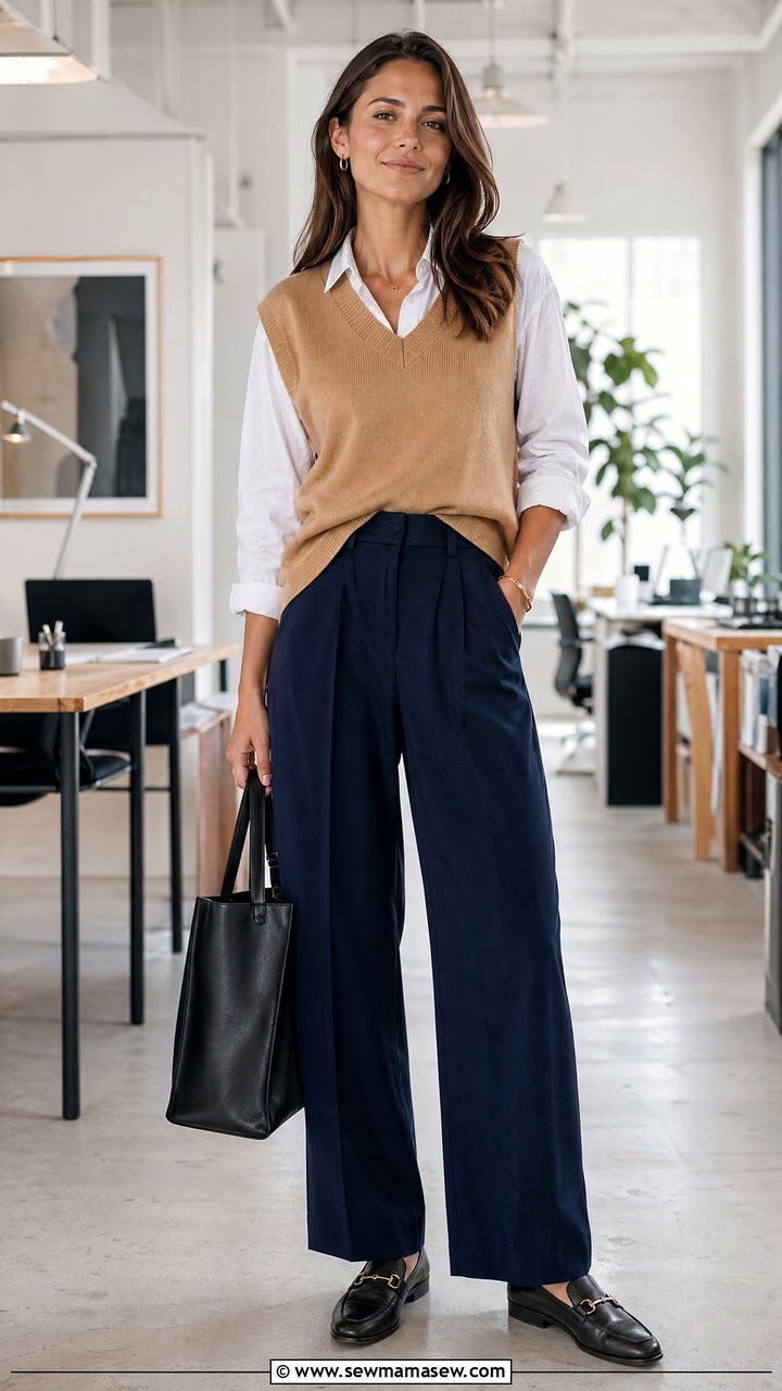 Knit Vest With Wide Leg Trousers And Loafers Outfit - 35 classy casual outfits