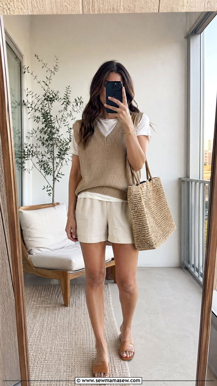 Knit Vest and Linen Shorts in Warm Camel - 35 Warm spring outfits