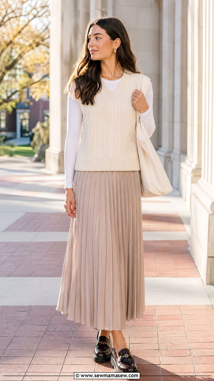 Knit Vest and Pleated Maxi Skirt for Tall Women - 35 Cute outfits for tall women