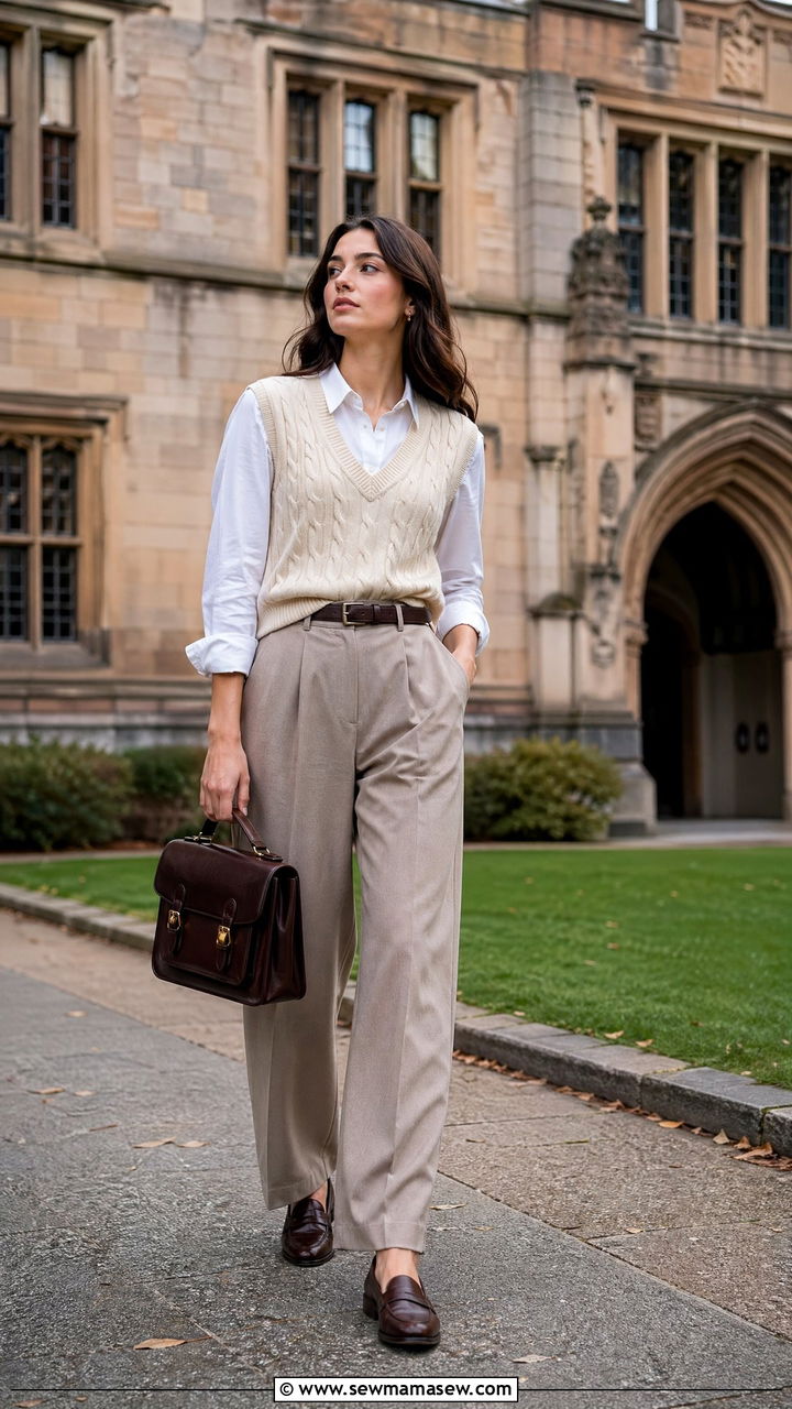 Knit Vest over Button Down Shirt with Trousers - 35 college outfits for women