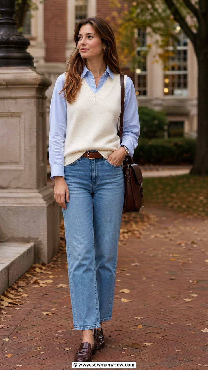 Knit Vest with Collared Shirt and Jeans - 35 transitional outfits casual