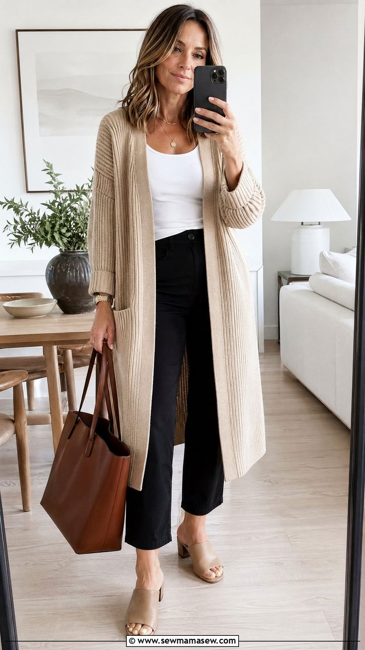 Knit cardigan with cropped pants and mules - 35 Classy outfits for women over 40