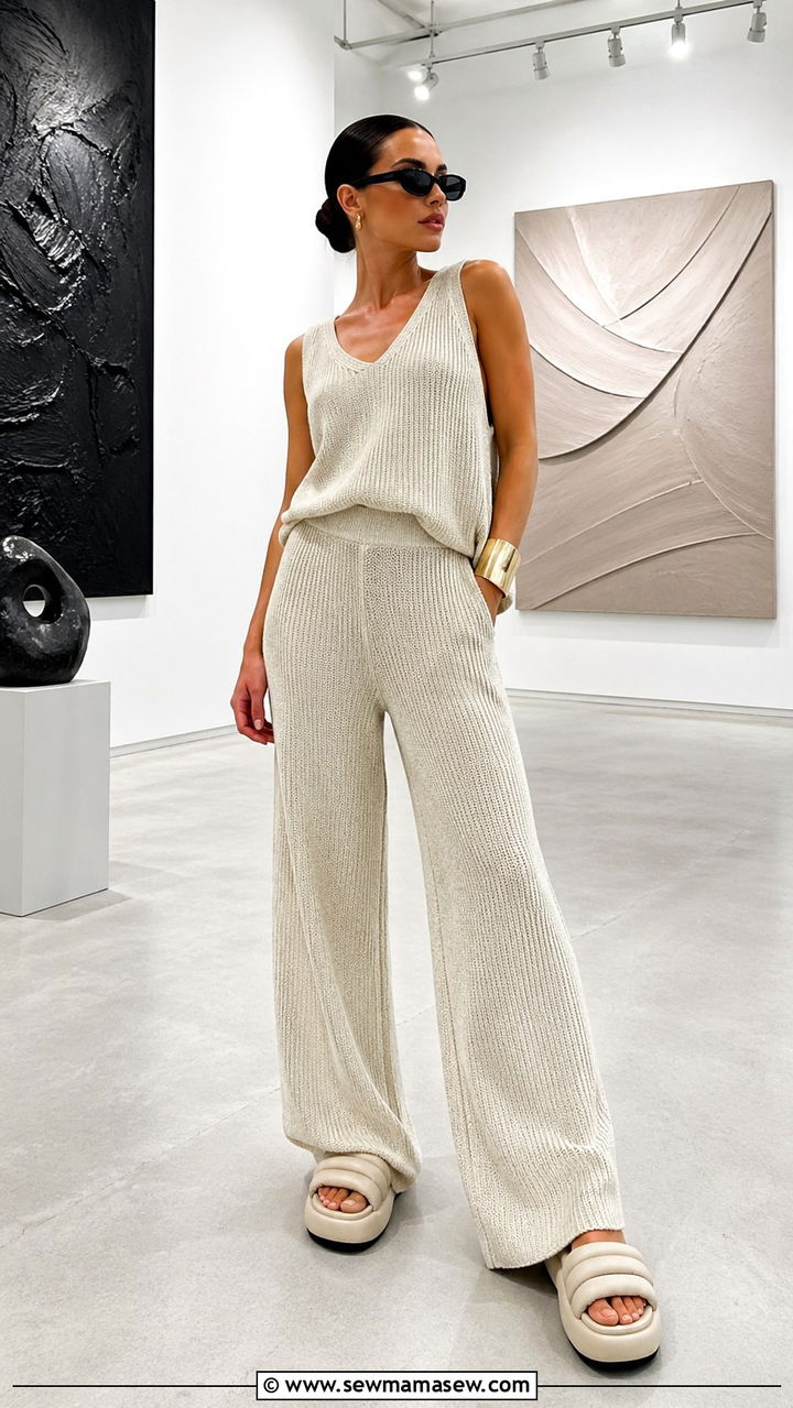 Knit coord with puffy slide sandals - 30 Slide sandal outfit ideas