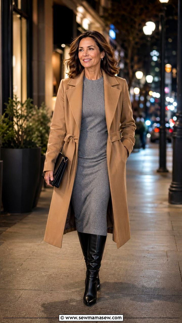 Knit dress and knee high boots outfit for women over 40 - 35 Going out outfit ideas women over 40