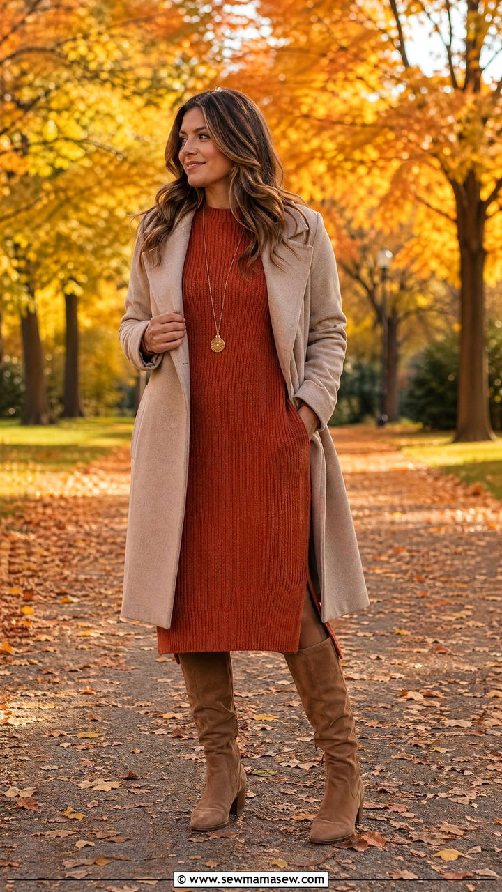 Knit dress and knee high boots outfit - 35 Comfy outfits for moms