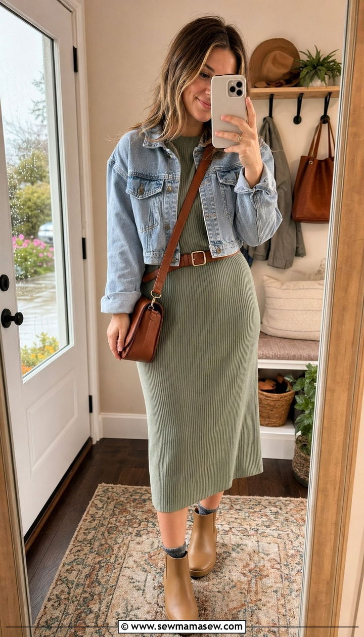 Knit dress with a denim jacket and ankle boots - 30 April showers outfit ideas