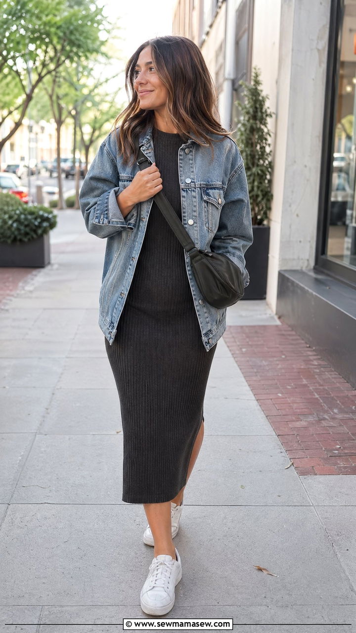 Knit dress with denim jacket and white sneakers - 35 transitional outfits for women