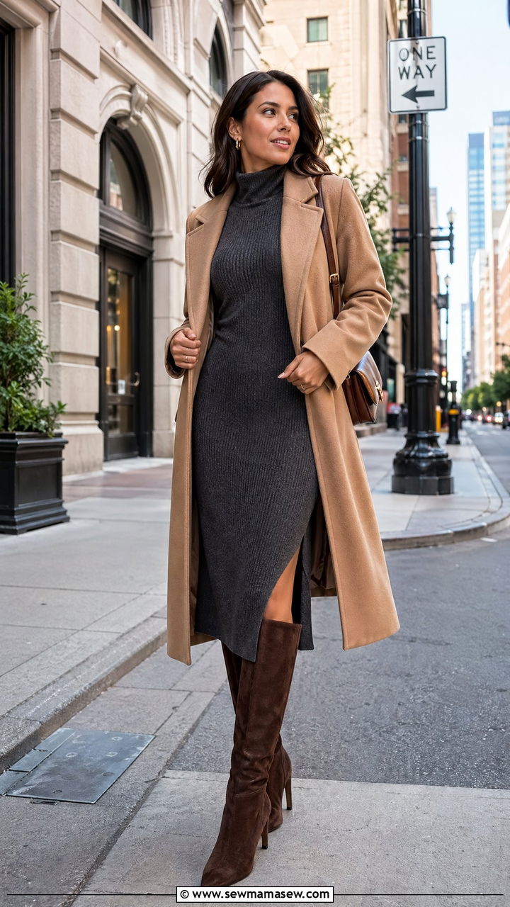 Knit dress with knee high boots outfit - 35 shopping outfit ideas for women