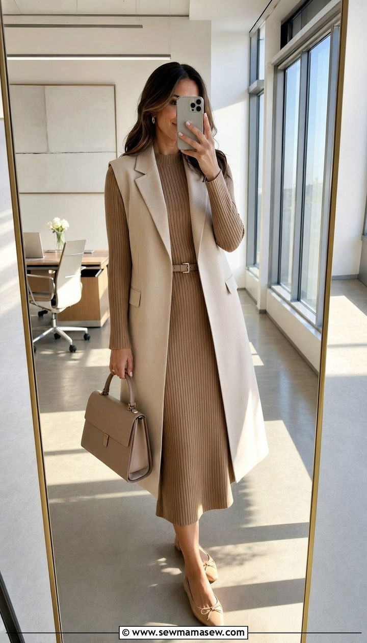 Knit dress with longline vest and ballet flats - 35 Office dress code outfit ideas
