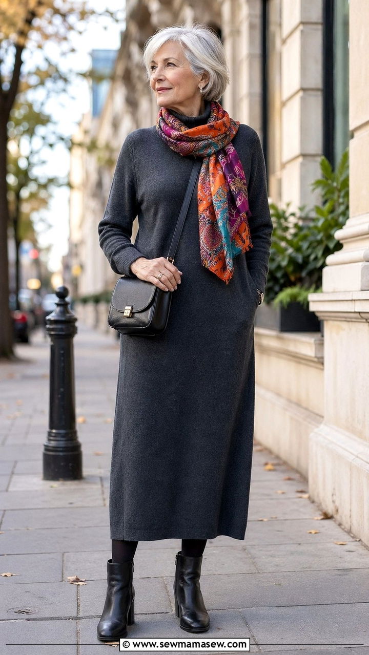 Knit dress with statement scarf - 35 Outfit ideas for women over 60