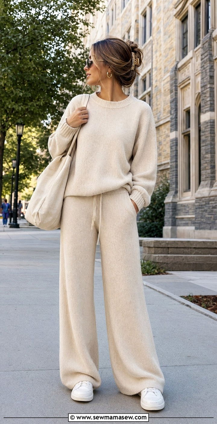 Knit lounge set with sneakers and tote bag outfit - 30 Back to school outfit ideas preppy 2026