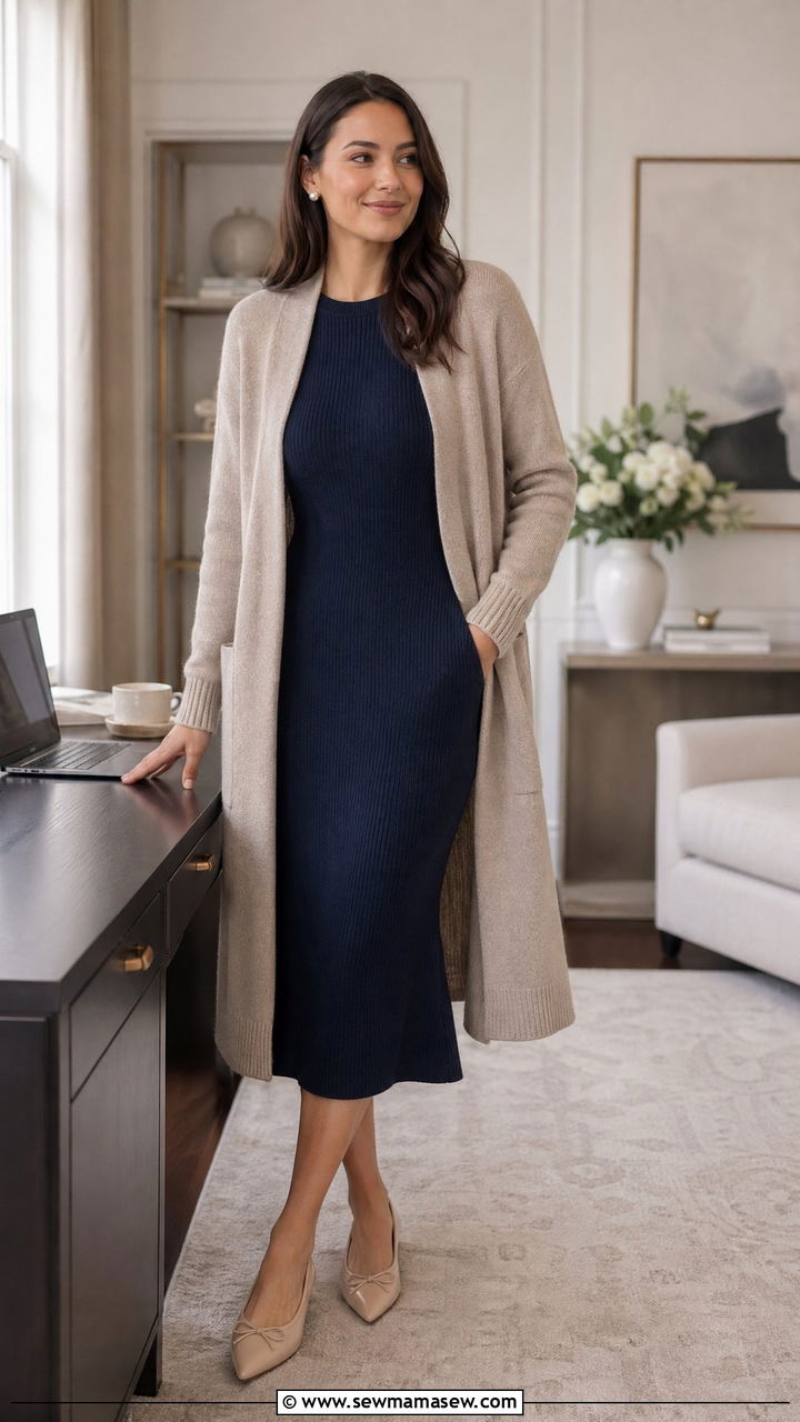 Knit midi dress with cozy cardigan and flats - 35 Comfortable work from home outfits